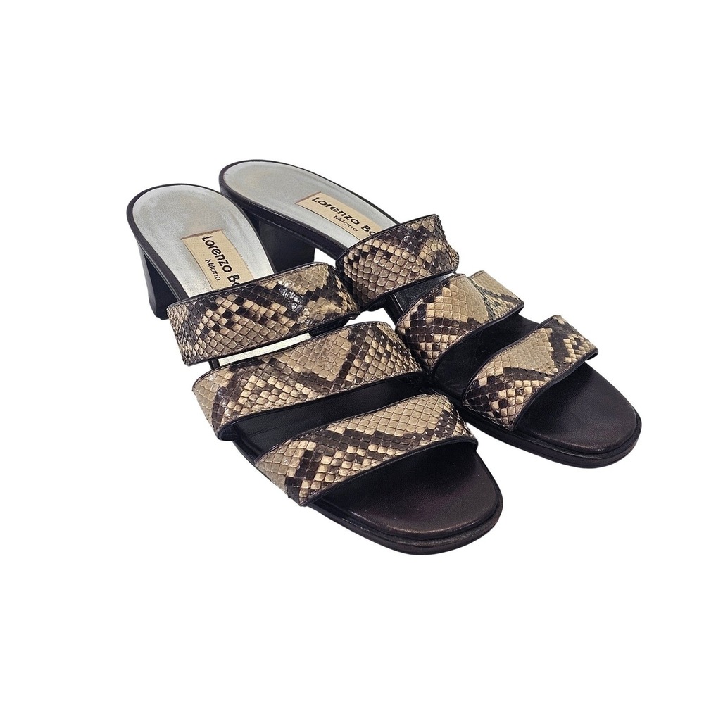 Lorenzo Banfi Milano Snakeskin Three Strap Block Heel Slide Sandals Italy EUC‎